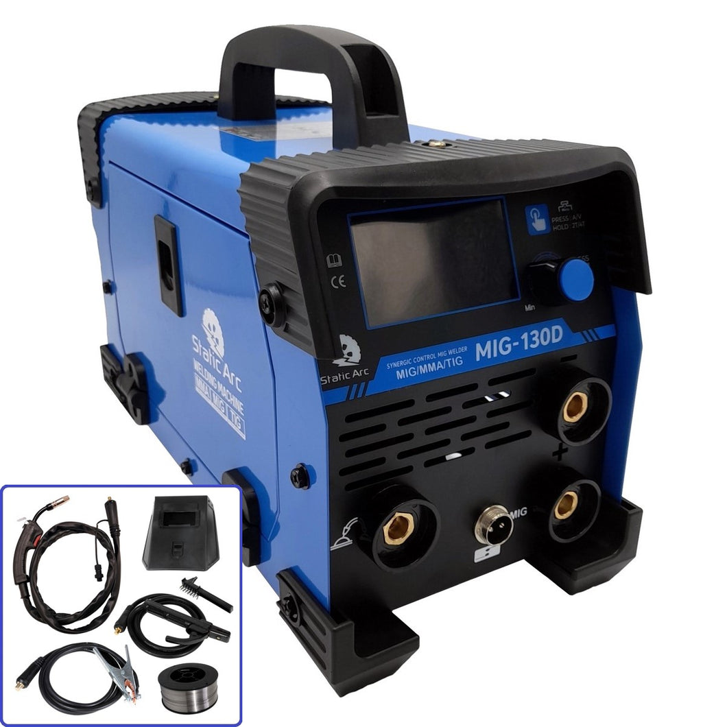 MIG 130D Inverter Gasless Welder 3in1 Synergic MMA ARC TIG Lift No Gas Flux 130A