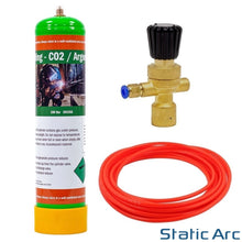 Load image into Gallery viewer, ARGON CO2 DISPOSABLE GAS BOTTLE CYLINDER KIT WELDING w/ REGULATOR HOSE 0.95L
